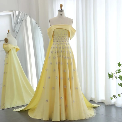 Elegant Pale Yellow Off Shoulder Beaded A-line Long Prom Dress With Train AD1379