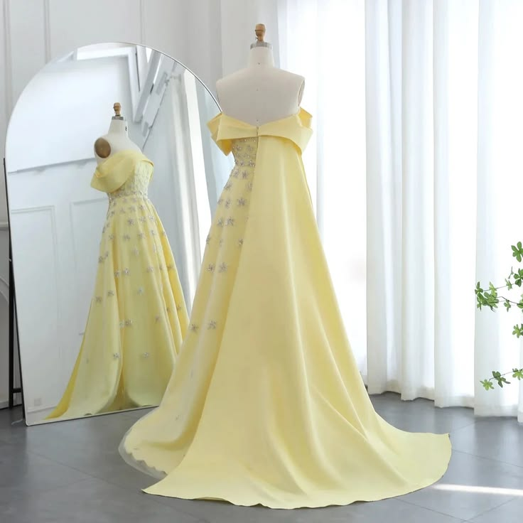 Elegant Pale Yellow Off Shoulder Beaded A-line Long Prom Dress With Train AD1379