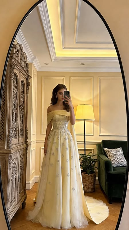 Elegant Pale Yellow Off Shoulder Beaded A-line Long Prom Dress With Train AD1379