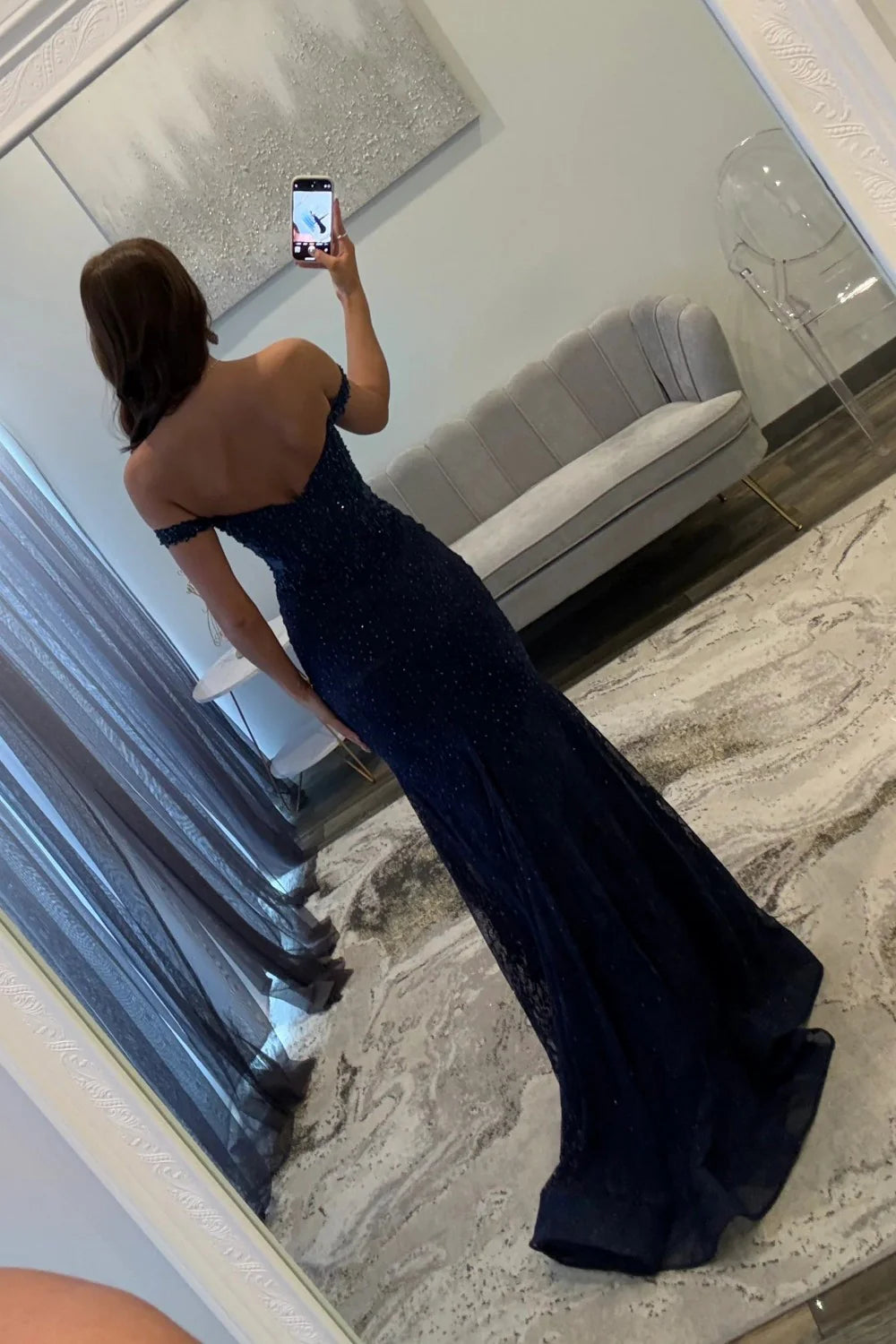Elegant Navy Blue Mermaid Off-The-Shoulder Lace Prom Dress With Beading AD138