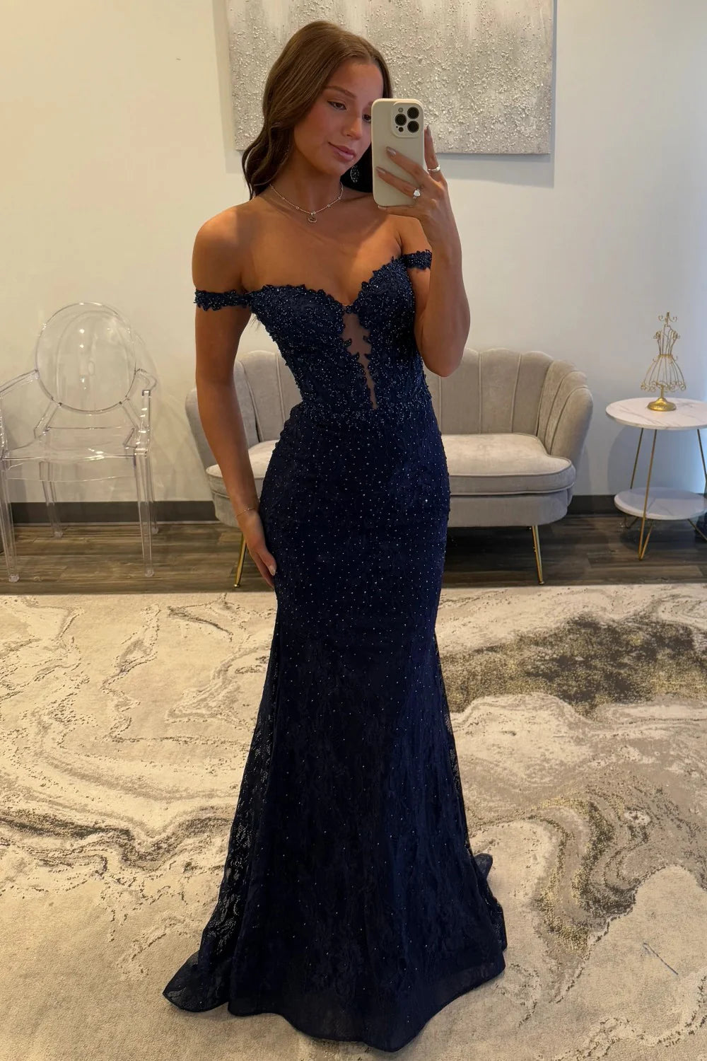 Elegant Navy Blue Mermaid Off-The-Shoulder Lace Prom Dress With Beading AD138