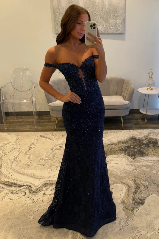 Elegant Navy Blue Mermaid Off-The-Shoulder Lace Prom Dress With Beading AD138