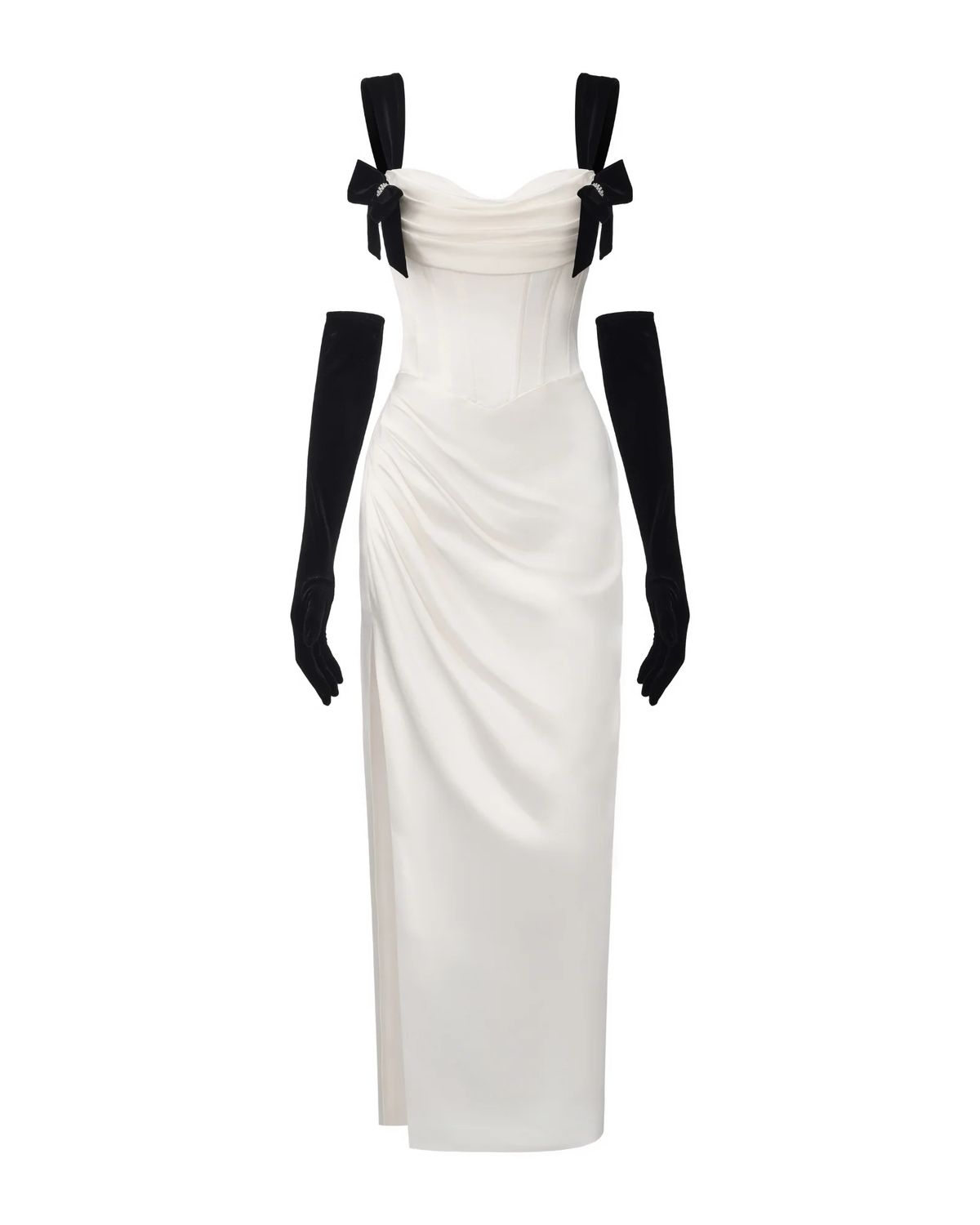 Elegant White Satin Ruched Corset Bodycon Long Prom Dress With Black Bow Straps And Matching Long Gloves AD1380