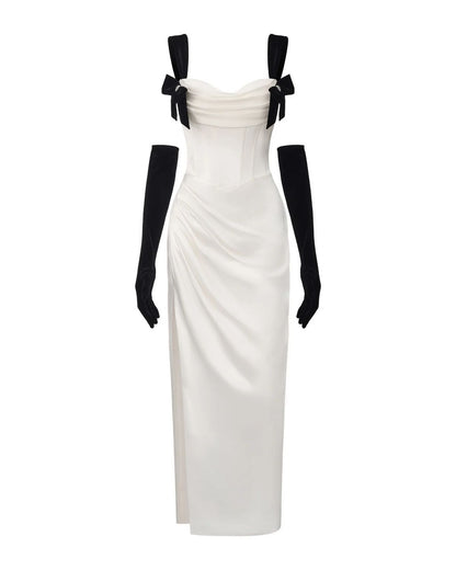 Elegant White Satin Ruched Corset Bodycon Long Prom Dress With Black Bow Straps And Matching Long Gloves AD1380