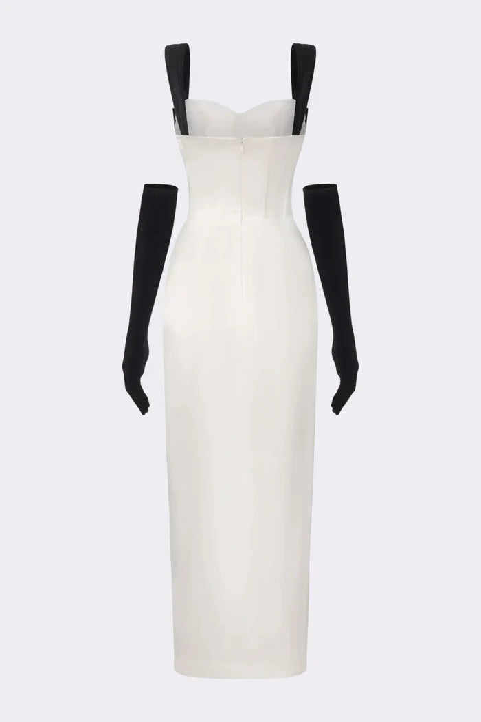 Elegant White Satin Ruched Corset Bodycon Long Prom Dress With Black Bow Straps And Matching Long Gloves AD1380
