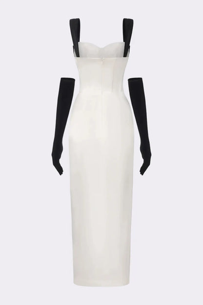 Elegant White Satin Ruched Corset Bodycon Long Prom Dress With Black Bow Straps And Matching Long Gloves AD1380