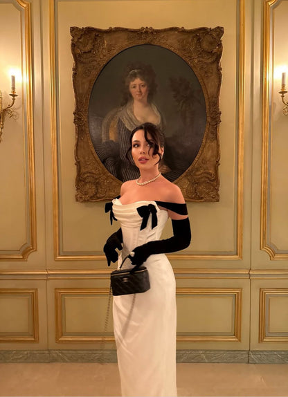 Elegant White Satin Ruched Corset Bodycon Long Prom Dress With Black Bow Straps And Matching Long Gloves AD1380
