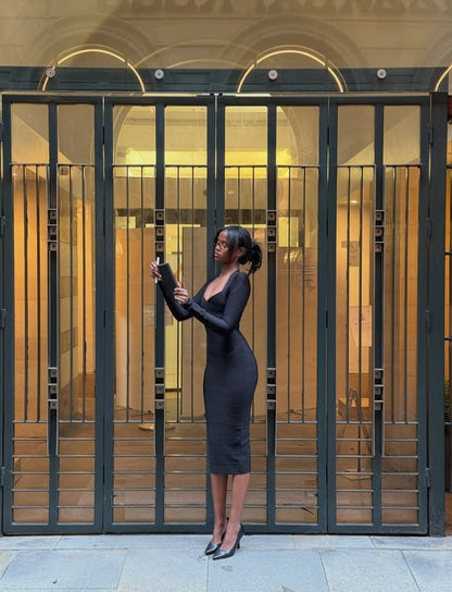 Chic Black Long Sleeve Sweetheart Neck Bodycon Midi Prom Dress AD1382