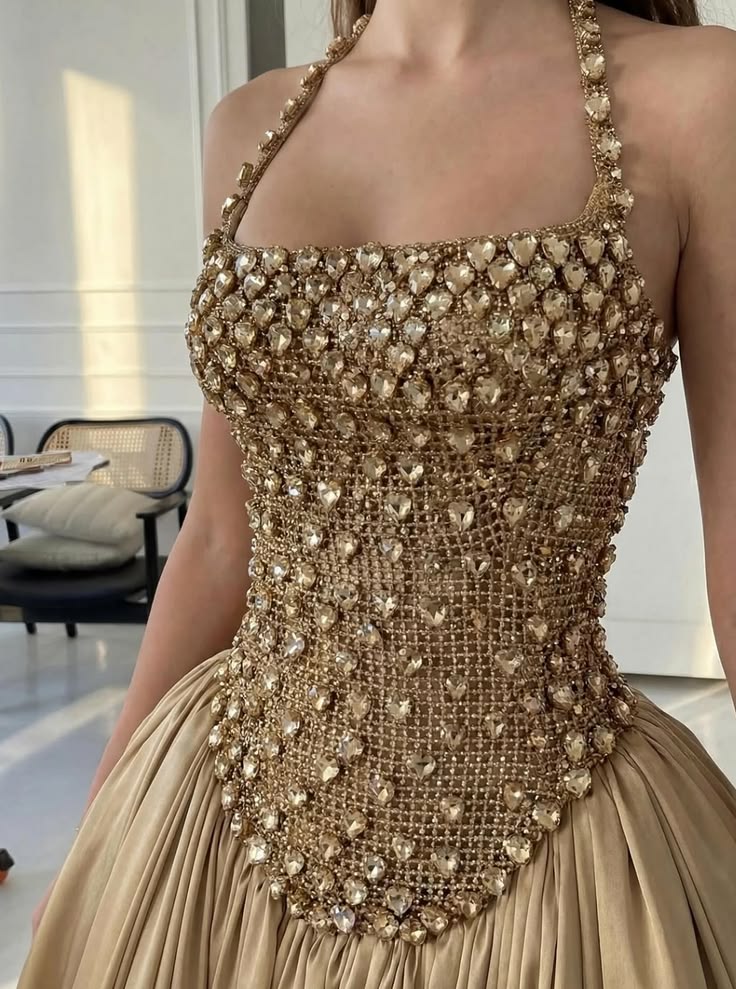 Luxe Gold Halter Neck Heavy Rhinestone Beaded Corset A-line Satin Long Prom Dress AD1384
