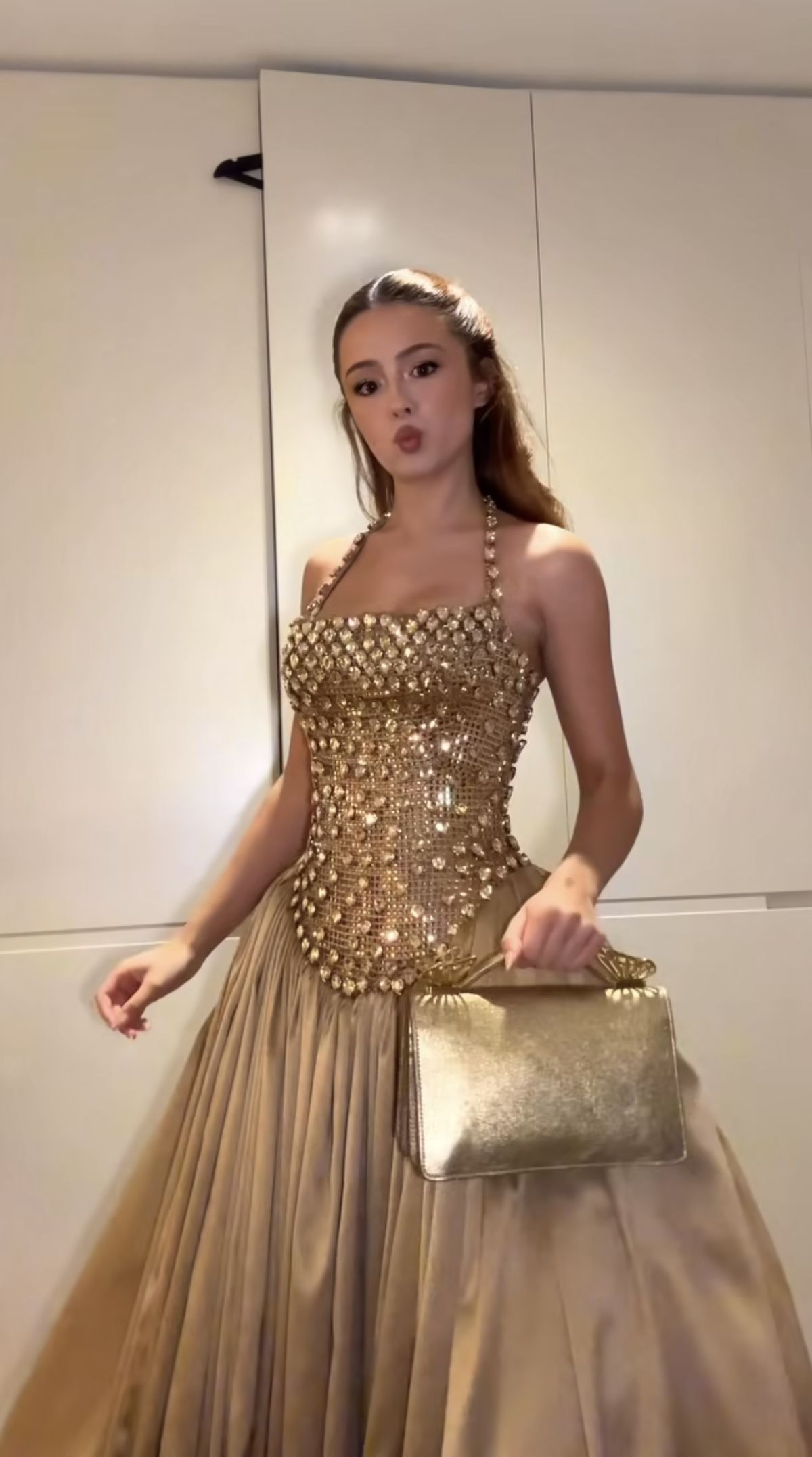 Luxe Gold Halter Neck Heavy Rhinestone Beaded Corset A-line Satin Long Prom Dress AD1384