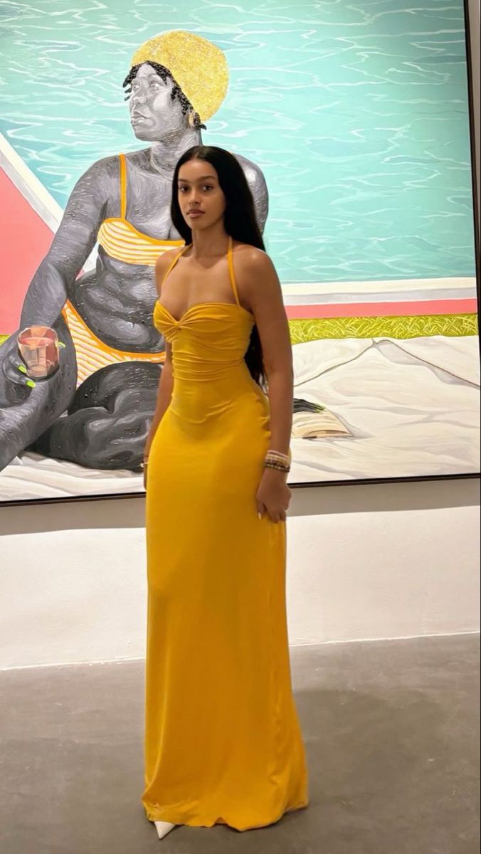 Chic Bright Yellow Halter Sweetheart Twist Front Ruched Sheath Long Prom Dress AD1385