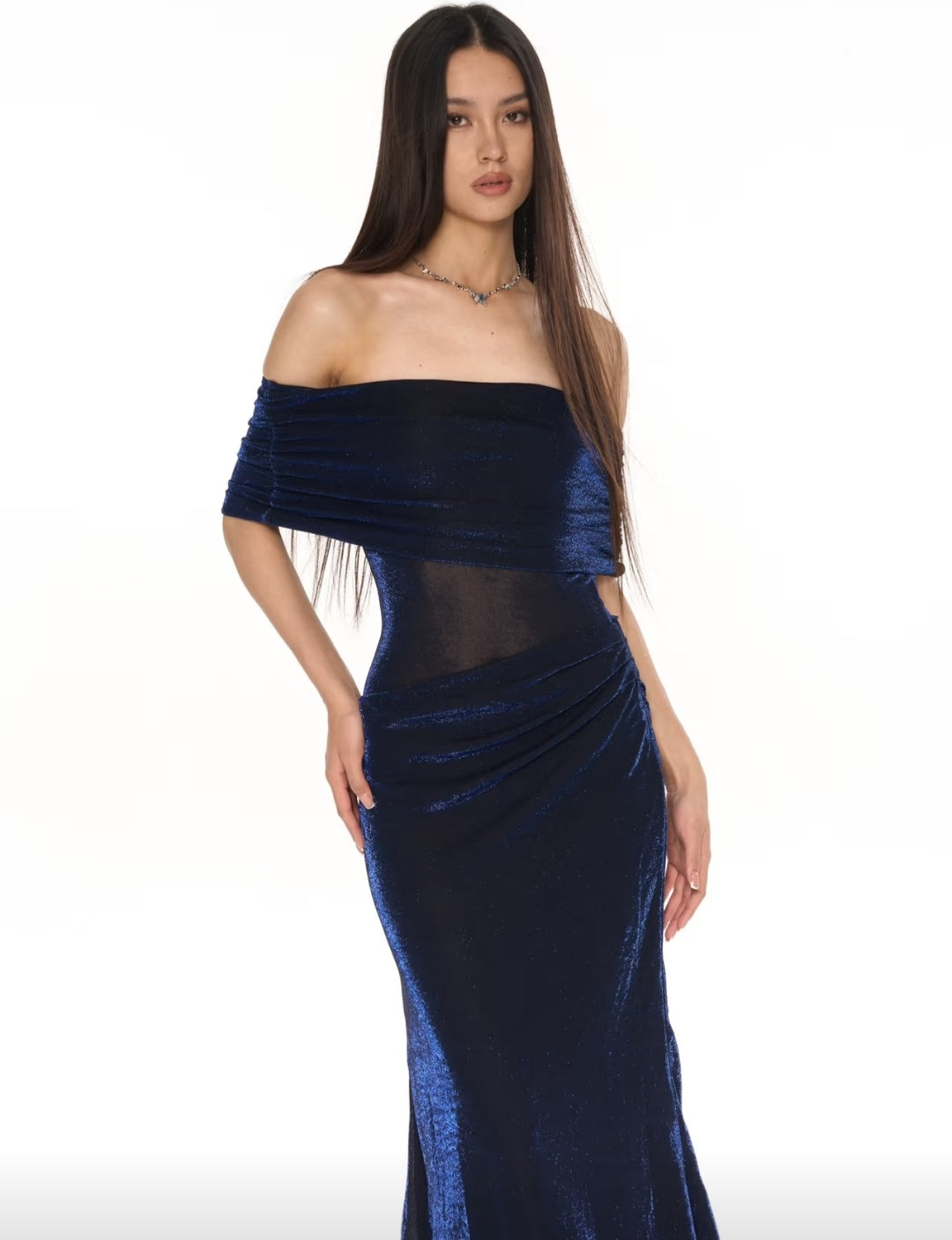 Chic Navy Blue Glitter Off Shoulder Ruched Bodycon Long Prom Dress AD1386