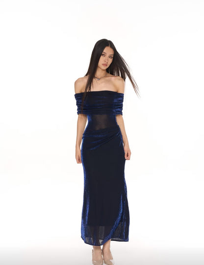 Chic Navy Blue Glitter Off Shoulder Ruched Bodycon Long Prom Dress AD1386