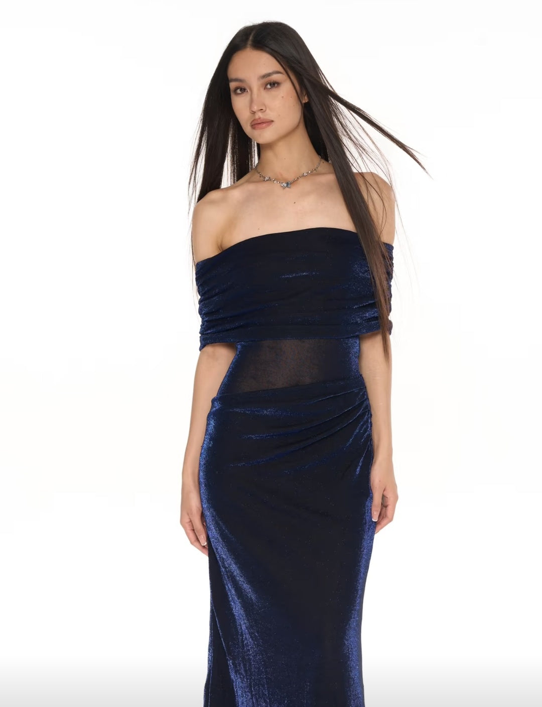 Chic Navy Blue Glitter Off Shoulder Ruched Bodycon Long Prom Dress AD1386