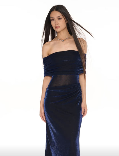 Chic Navy Blue Glitter Off Shoulder Ruched Bodycon Long Prom Dress AD1386