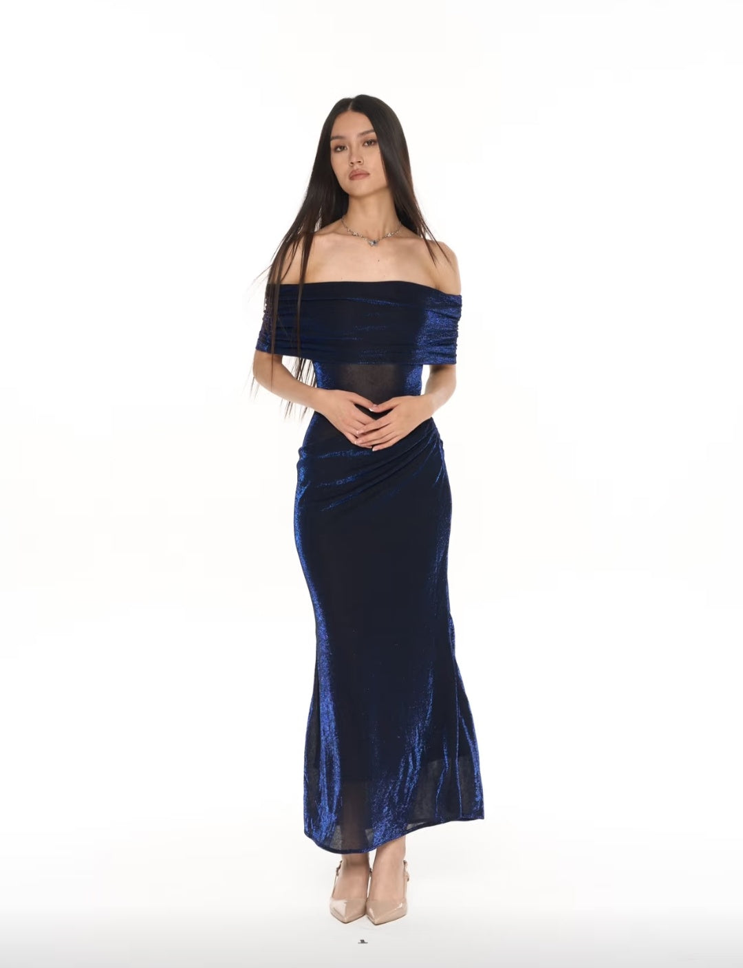 Chic Navy Blue Glitter Off Shoulder Ruched Bodycon Long Prom Dress AD1386