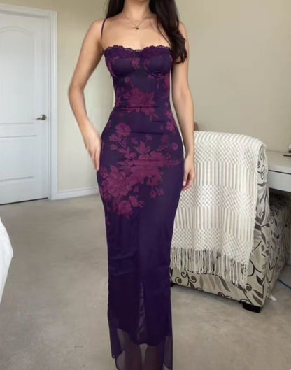 Gorgeous Dark Purple Floral Lace Spaghetti Straps Bodycon Long Prom Dress AD1388