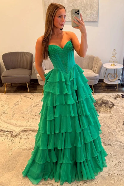 Emerald Green Sweetheart Corset Prom Dress With Tiered Ruffles And High Slit AD139