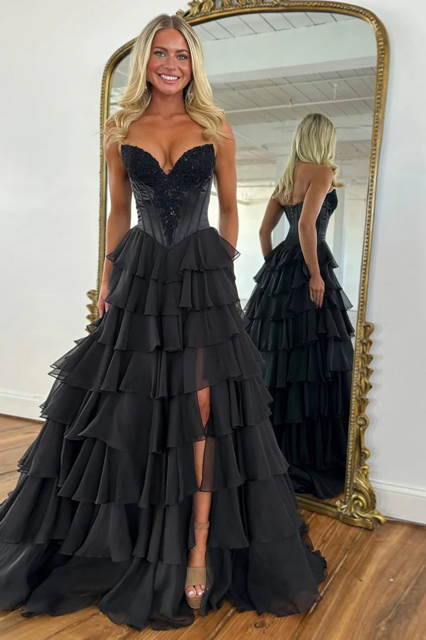 Emerald Green Sweetheart Corset Prom Dress With Tiered Ruffles And High Slit AD139