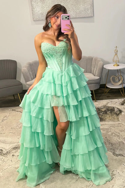 Emerald Green Sweetheart Corset Prom Dress With Tiered Ruffles And High Slit AD139