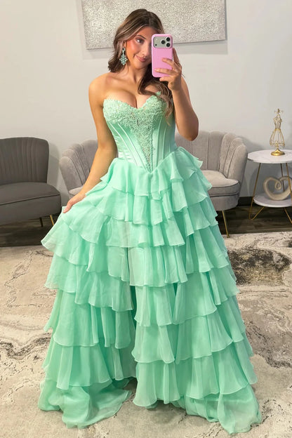 Emerald Green Sweetheart Corset Prom Dress With Tiered Ruffles And High Slit AD139