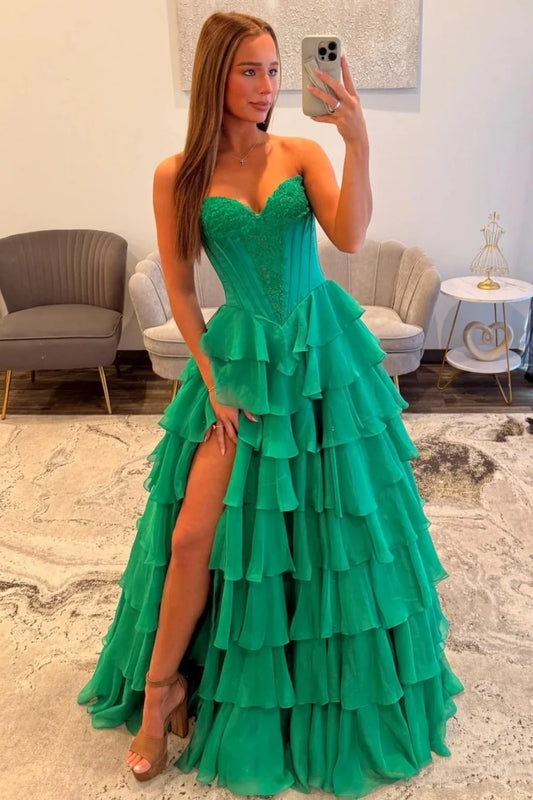 Emerald Green Sweetheart Corset Prom Dress With Tiered Ruffles And High Slit AD139