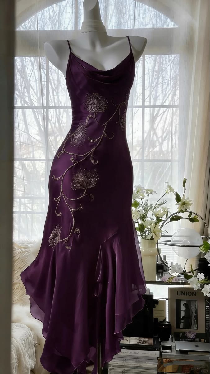 Gorgeous Purple Cowl Neck Spaghetti Straps Floral Beaded Ruffle Mermaid Long Prom Dress AD1390