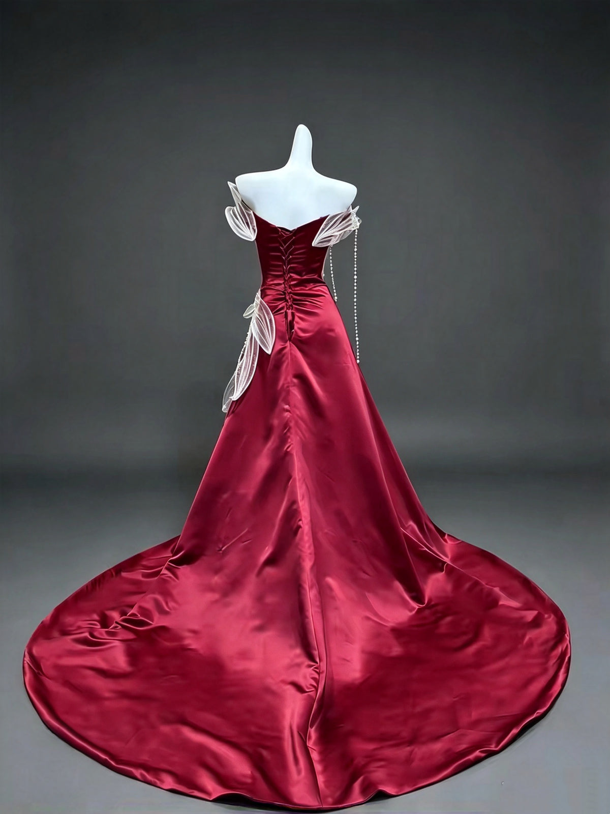 Stunning Burgundy Satin Off The Shoulder Beaded A-Line Long Prom Dress AD1391