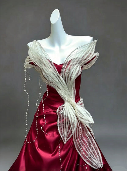 Stunning Burgundy Satin Off The Shoulder Beaded A-Line Long Prom Dress AD1391