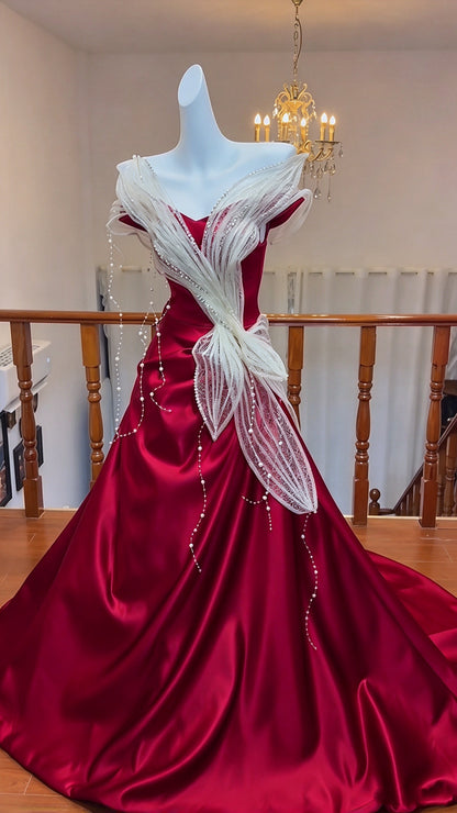 Stunning Burgundy Satin Off The Shoulder Beaded A-Line Long Prom Dress AD1391