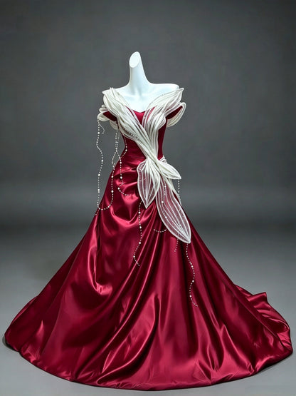 Stunning Burgundy Satin Off The Shoulder Beaded A-Line Long Prom Dress AD1391