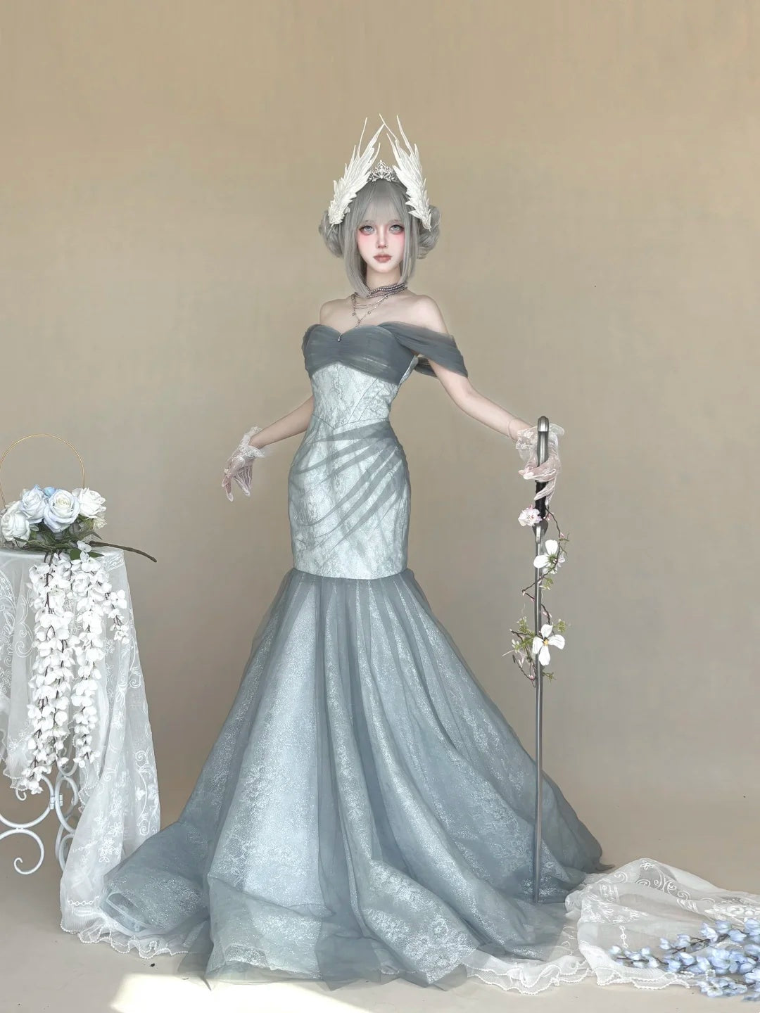 Ethereal Dusty Grey Off Shoulder Mermaid Lace Tulle Long Prom Dress AD1392