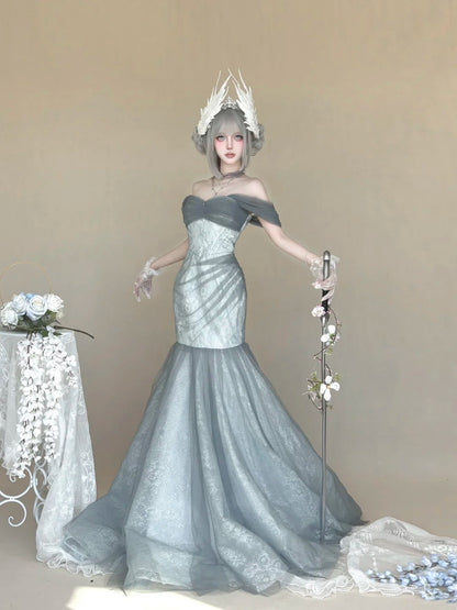 Ethereal Dusty Grey Off Shoulder Mermaid Lace Tulle Long Prom Dress AD1392