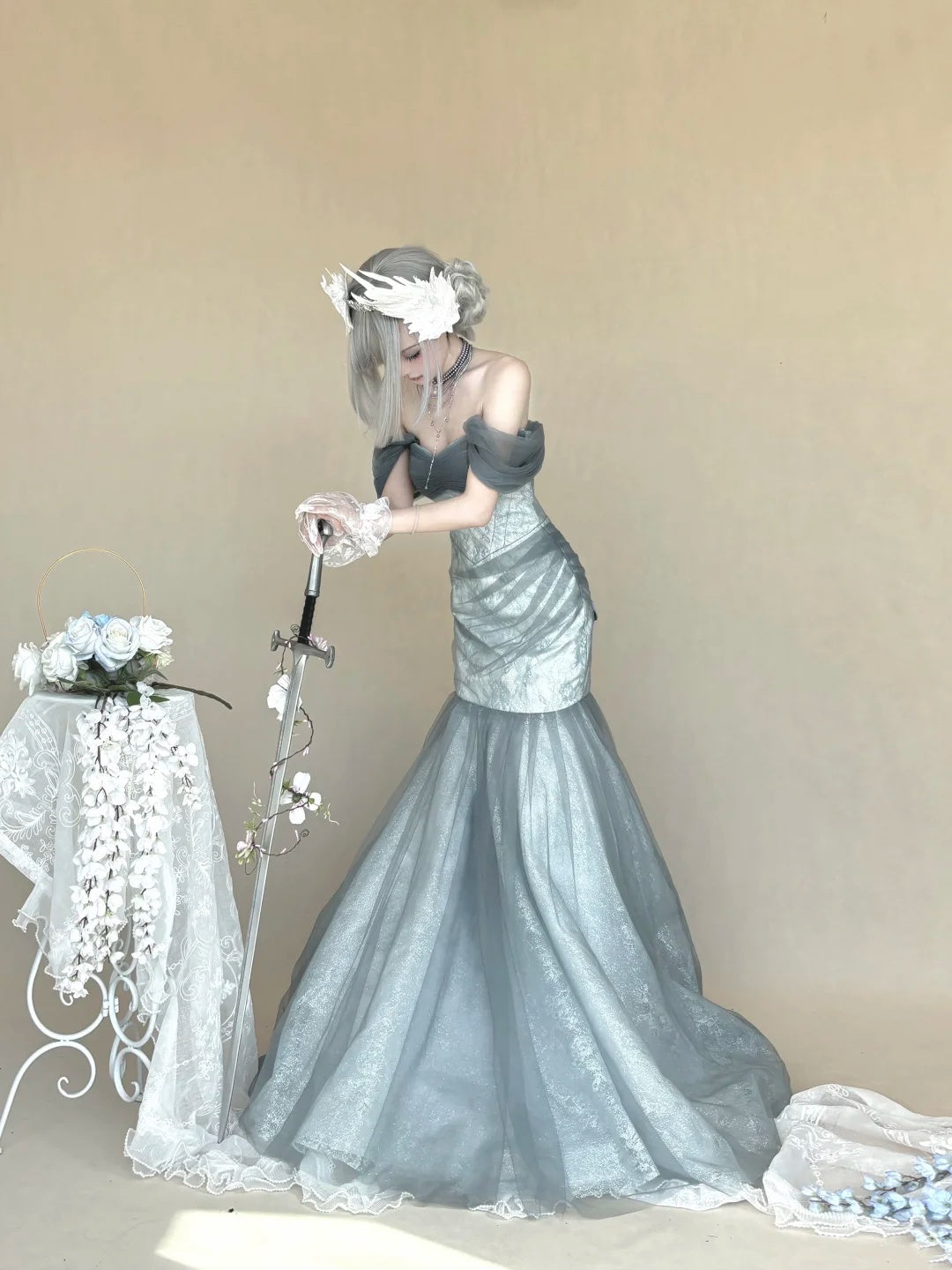 Ethereal Dusty Grey Off Shoulder Mermaid Lace Tulle Long Prom Dress AD1392