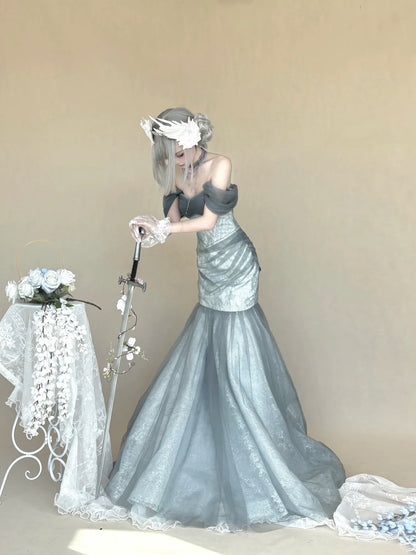 Ethereal Dusty Grey Off Shoulder Mermaid Lace Tulle Long Prom Dress AD1392