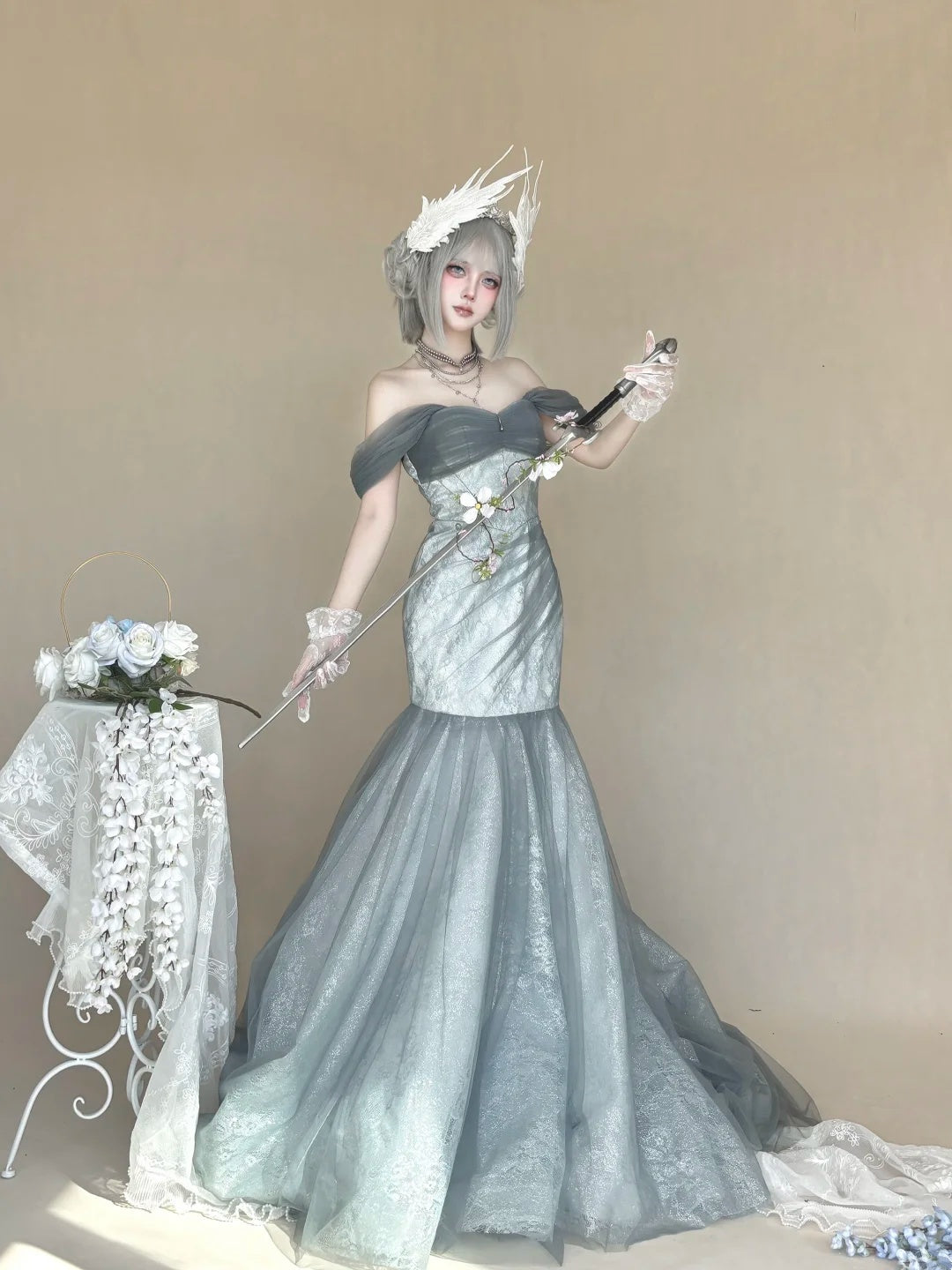 Ethereal Dusty Grey Off Shoulder Mermaid Lace Tulle Long Prom Dress AD1392