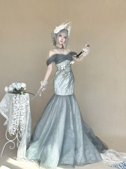 Ethereal Dusty Grey Off Shoulder Mermaid Lace Tulle Long Prom Dress AD1392