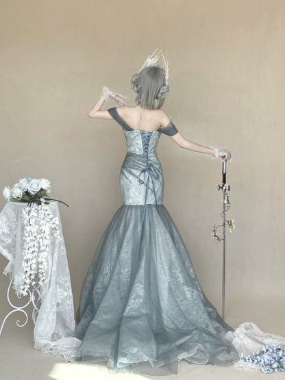 Ethereal Dusty Grey Off Shoulder Mermaid Lace Tulle Long Prom Dress AD1392