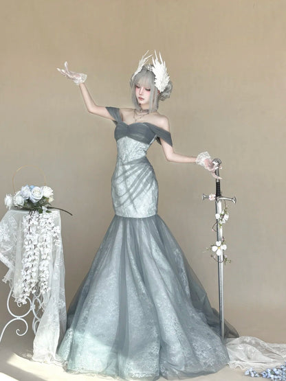 Ethereal Dusty Grey Off Shoulder Mermaid Lace Tulle Long Prom Dress AD1392