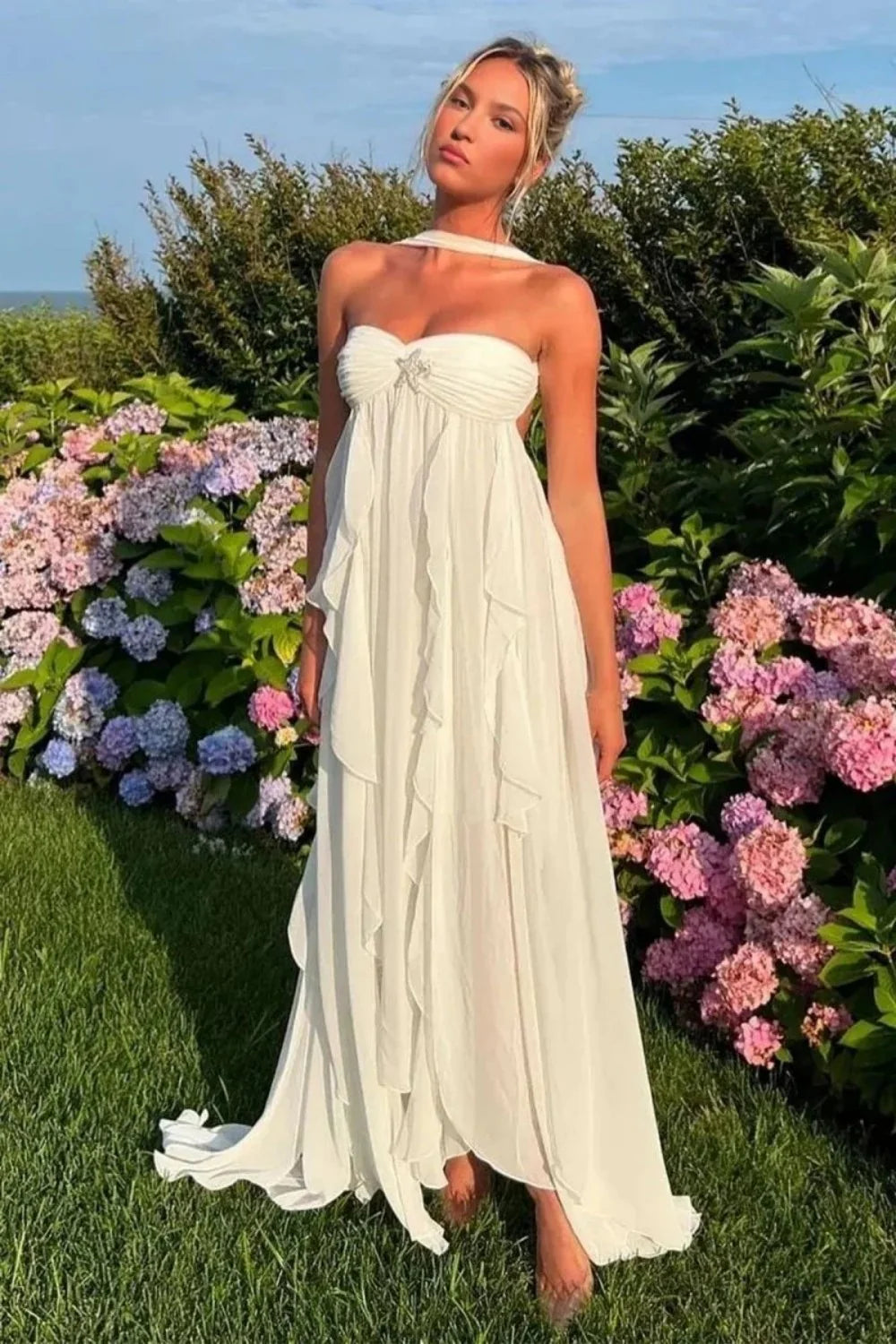 Beautiful A Line Sweetheart White Long Prom Dress With Ruffles Split Front AD140