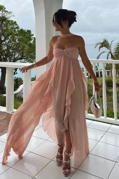 Beautiful A Line Sweetheart White Long Prom Dress With Ruffles Split Front AD140