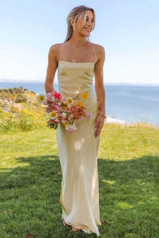 Stunning Sheath Spaghetti Straps Yellow Long Prom Dress With Criss Cross Back AD141