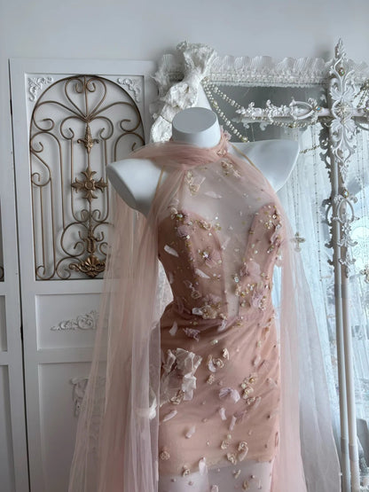 Dreamy Blush Pink Halter Sheer Tulle 3D Floral Beaded Appliques Bodycon Long Prom Dress AD1413