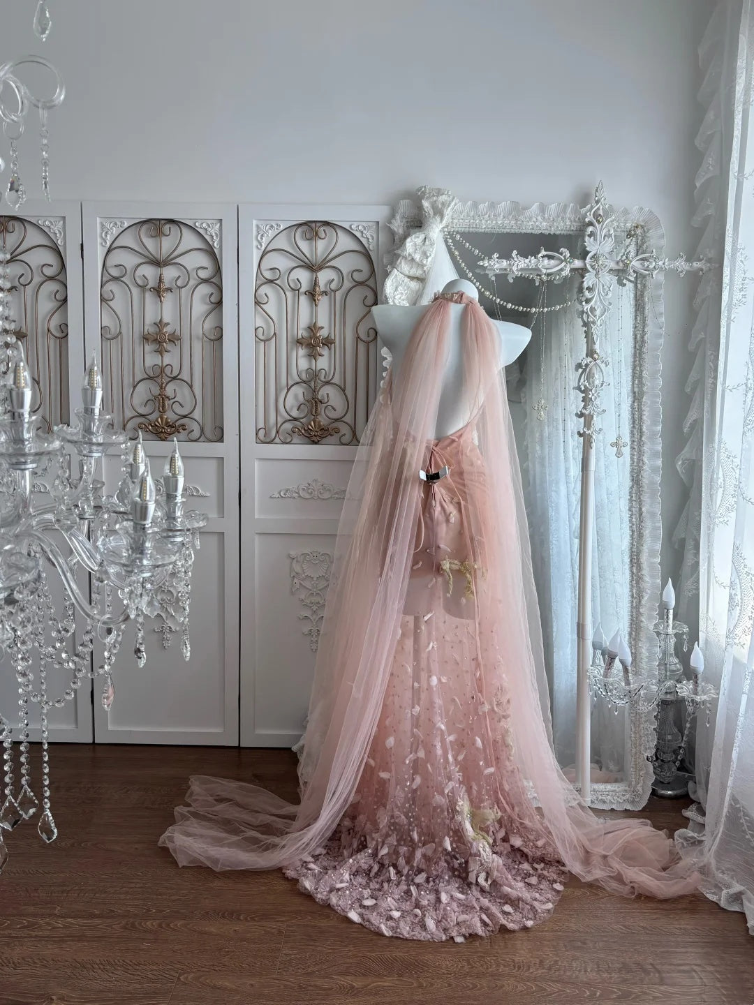 Dreamy Blush Pink Halter Sheer Tulle 3D Floral Beaded Appliques Bodycon Long Prom Dress AD1413