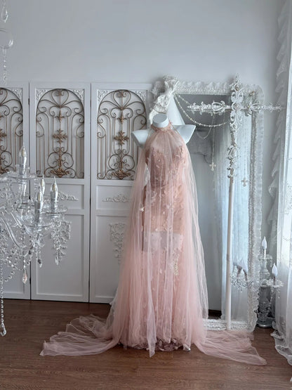 Dreamy Blush Pink Halter Sheer Tulle 3D Floral Beaded Appliques Bodycon Long Prom Dress AD1413