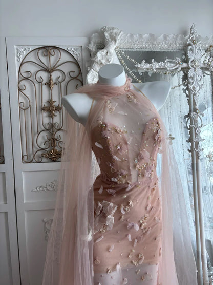 Dreamy Blush Pink Halter Sheer Tulle 3D Floral Beaded Appliques Bodycon Long Prom Dress AD1413