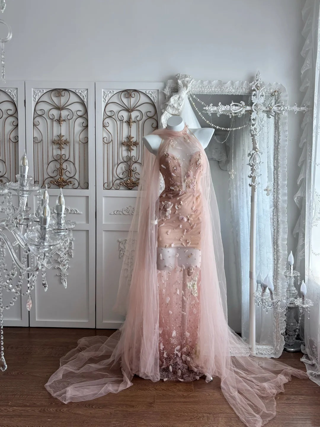 Dreamy Blush Pink Halter Sheer Tulle 3D Floral Beaded Appliques Bodycon Long Prom Dress AD1413