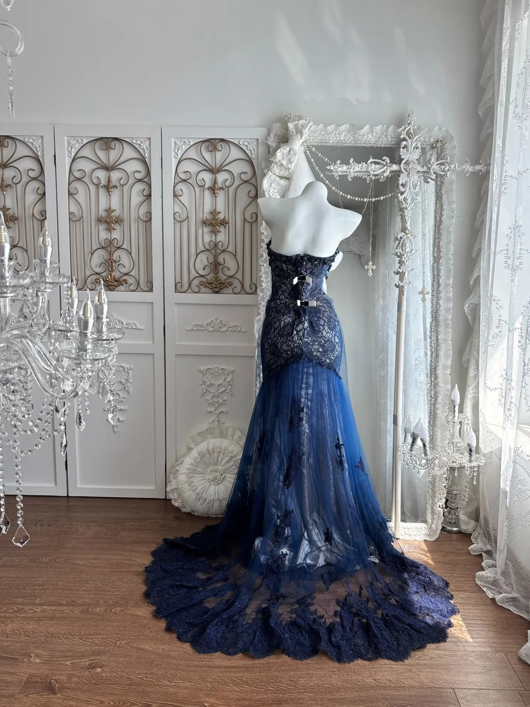 Gorgeous Navy Strapless Sweetheart Beaded Lace Mermaid Long Prom Dress AD1414