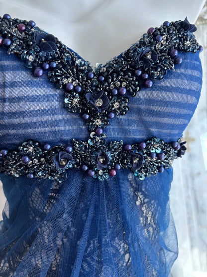 Gorgeous Navy Strapless Sweetheart Beaded Lace Mermaid Long Prom Dress AD1414