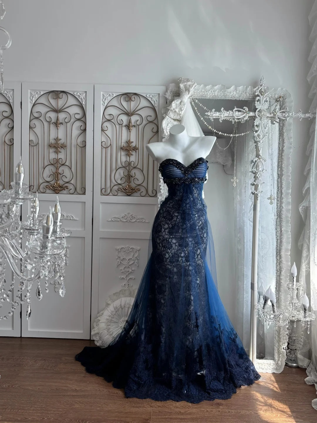 Gorgeous Navy Strapless Sweetheart Beaded Lace Mermaid Long Prom Dress AD1414